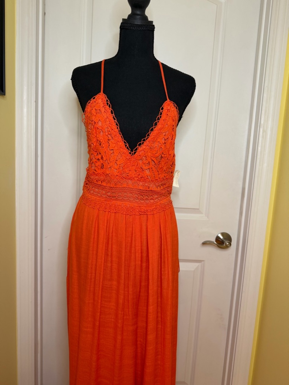 Necessary Clothing Miss Maxi Orange Crochet jumpsuit size L NWT